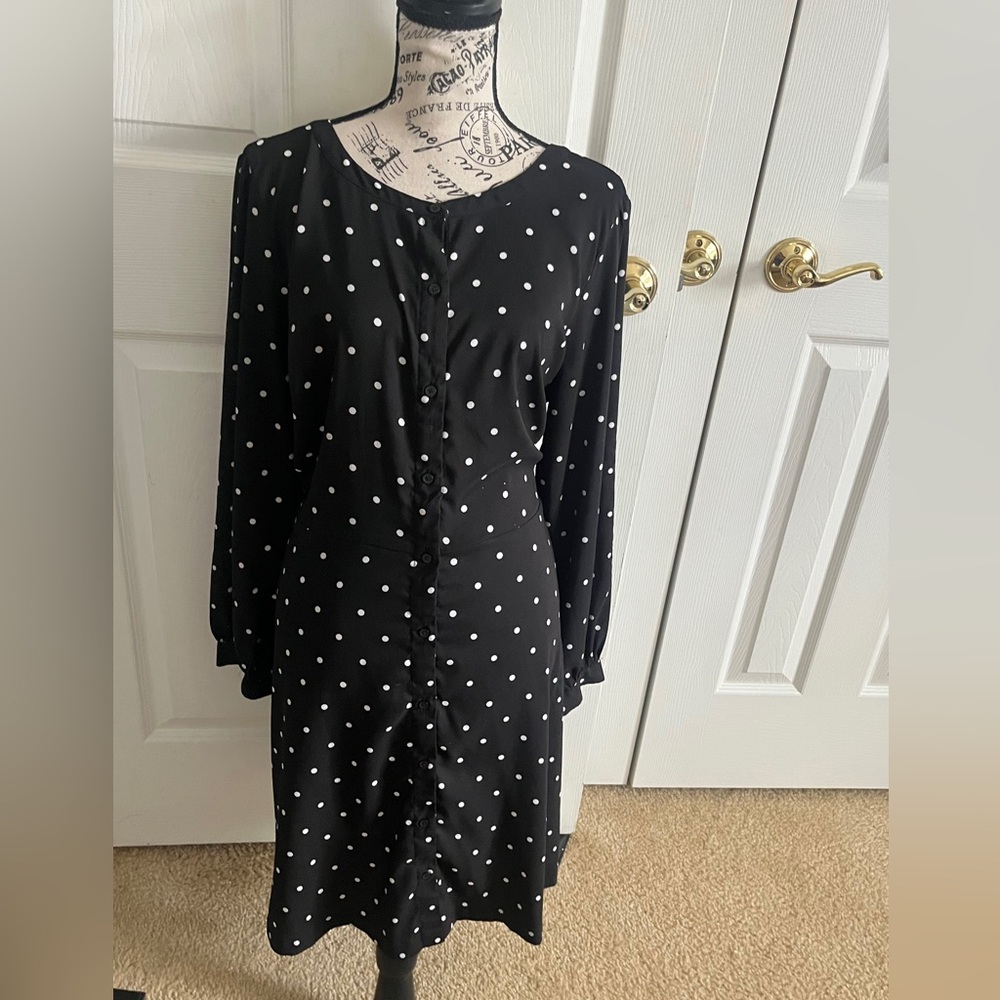 Black Polka Dot Dress with Button Detail - Size 16